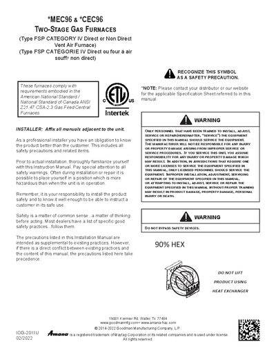 Goodman MEC96 & CEC96 Two-Stage Gas Furnaces Installation Guide