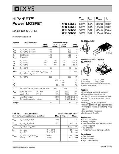 IXYS IXFN 55N50/50N50/55N50/50N50 Single Die MOSFET - cover page