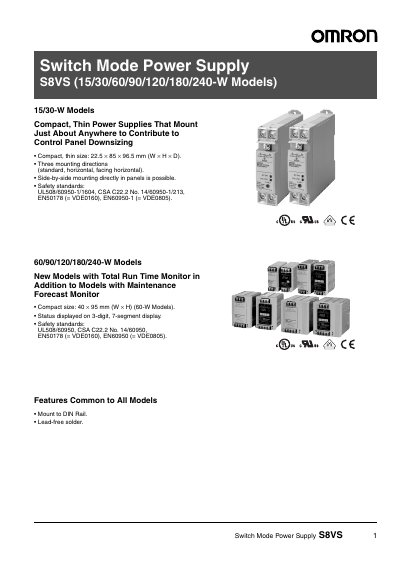 OMRON Switch Mode Power Supply S8VS (15/30/60/90/120/180/240-W Models) handbook