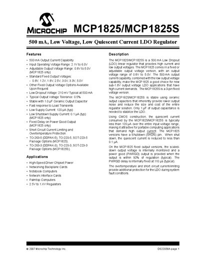 Microchip MCP1825/MCP1825S LDO Regulator Datasheet - cover page