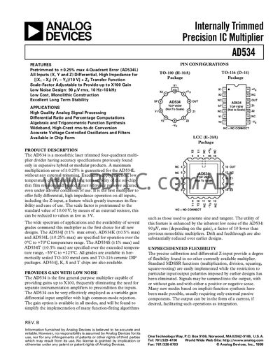 Analog Devices AD534 Analog Multiplier Datasheet - cover page