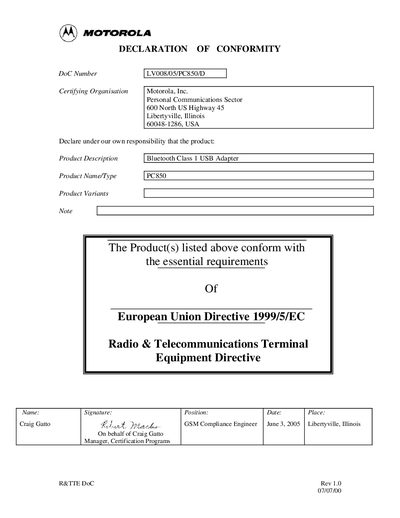 MOTOROLA LV008/05/PC850/D Data Sheet - cover page