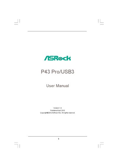 ASRock P43 Pro/USB3 Motherboard User Manual - cover page