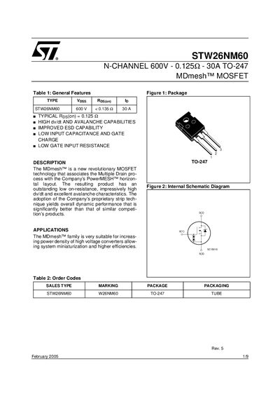 STMicroelectronics STW26NM60 N-Channel MOSFET Datasheet - cover page
