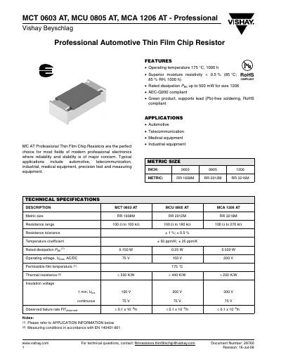 Vishay MCT 0603 AT / MCU 0805 AT / MCA 1206 AT Automotive Thin Film Chip Resistor Datasheet - cover page