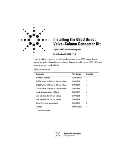 Agilent 6850 Direct Valve-Column Connector Kit Installation Guide - cover page