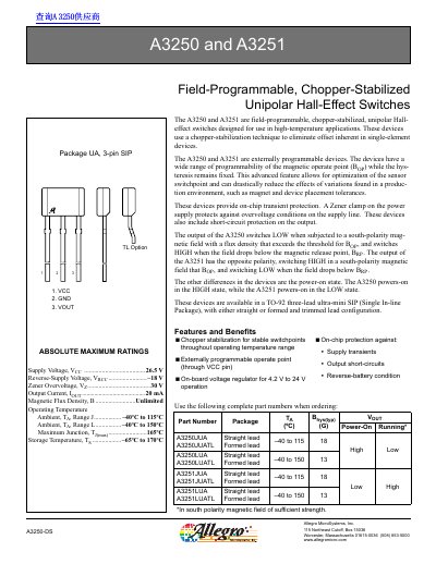 Allegro Microsystems A3250/A3251 Hall-Effect Switches Datasheet - cover page