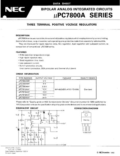 NEC uPC7800A Series Three Terminal Positive Voltage Regulators Datasheet - cover page
