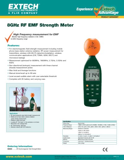 Extech 480846 RF Electromagnetic Field Strength Meter Specifications Sheet - cover page
