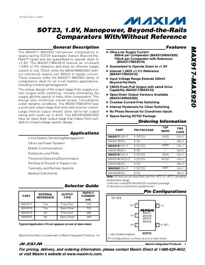 Maxim MAX917–MAX920 Nanopower Comparator Datasheet