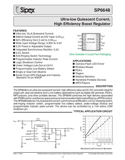 Sipex SP6648 Boost Regulator Datasheet - cover page