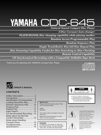 YAMAHA CDC-645 OWNER'S MANUAL - cover page