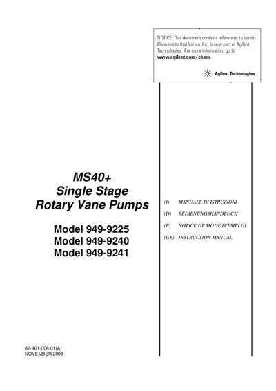 Agilent Technologies MS40 Plus Single Stage Rotary Vane Pumps 949-9225 User Manual