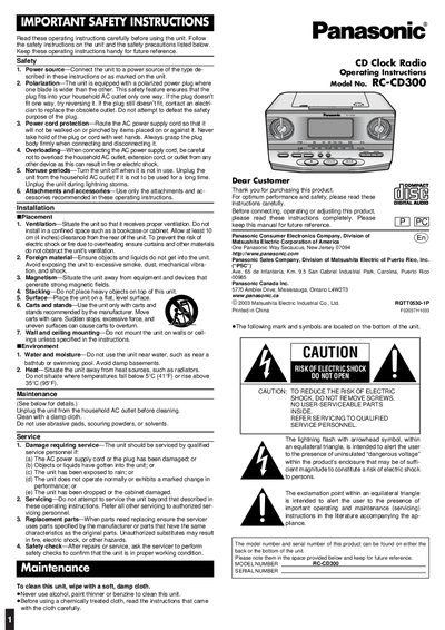 Panasonic RC-CD300 CD Clock Radio Operating Instructions - cover page