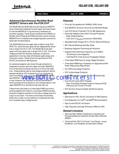 Intersil ISL6612B ISL6613B MOSFET Driver Datasheet - cover page
