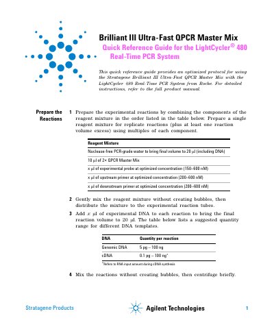 Agilent Brilliant III Ultra-Fast QPCR Master Mix Quick Reference Guide for the LightCycler 480 - cover page