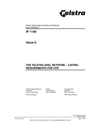 Telstra IP 1149 Listing Requirements for CPE - cover page
