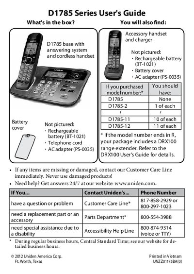 Uniden D1785 Series Cordless Phone User's Guide - cover page