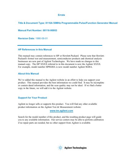Agilent 8116A 50MHz Programmable Pulse/Function Generator Manual - cover page