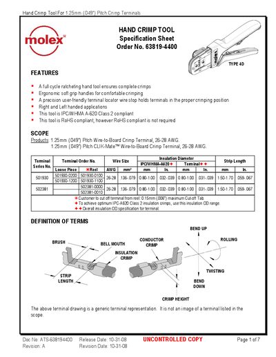 Molex 63819-4400 Hand Crimp Tool Specification Sheet - cover page
