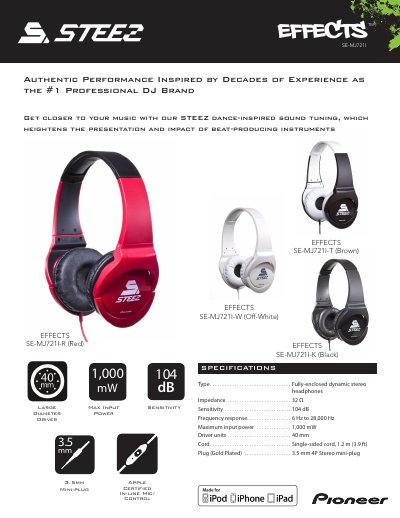 Pioneer SE-MJ721I Stereo Headphones Product Leaflet - cover page