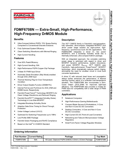 Fairchild Semiconductor FDMF6708N DrMOS Module Datasheet - cover page