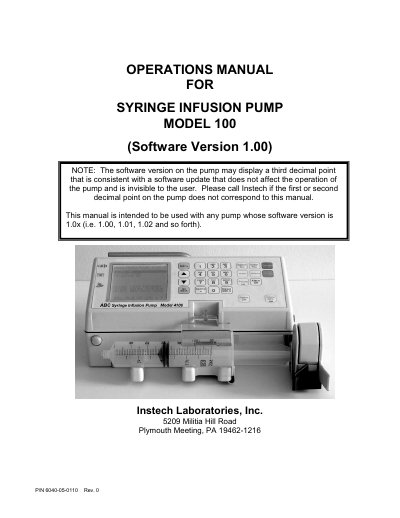 Instech Model 100 Syringe Infusion Pump Operations Manual