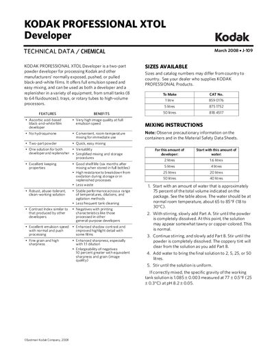Kodak XTOL Developer User Manual - cover page