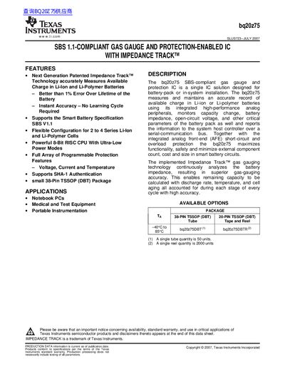 Texas Instruments bq20z75 Datasheet - cover page