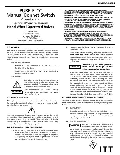 Pure-Flo Manual Bonnet Switch Operator and Technical Service Manual - cover page