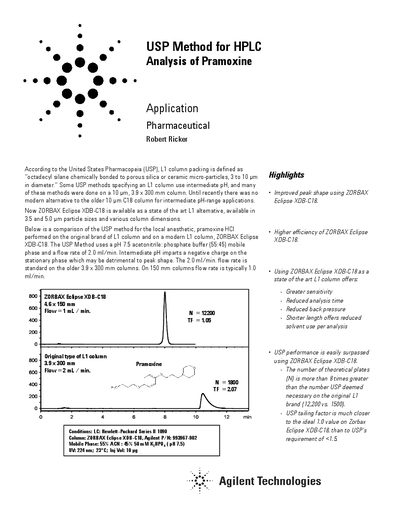 Agilent ZORBAX Eclipse XDB-C18 HPLC Application Note for Pramoxine Analysis - cover page