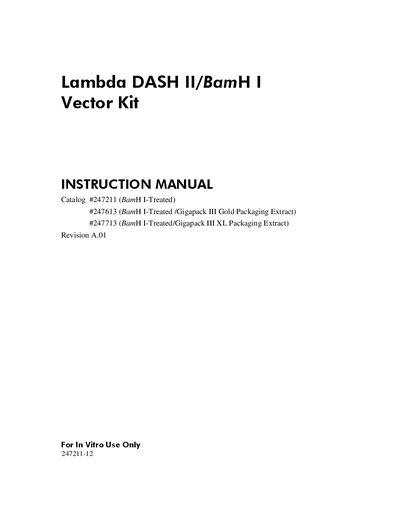 Agilent Lambda DASH II/BamH I Vector Kit Instruction Manual - cover page