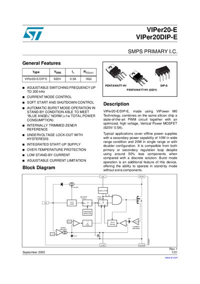 STMICROELECTRONICS VIPer20-E VIPer20DIP-E Manual