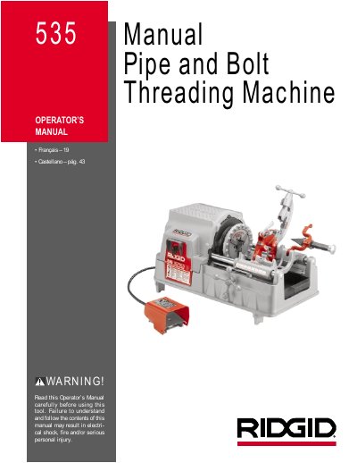RIDGID 535 Pipe and Bolt Threading Machine Operator’s Manual - cover page