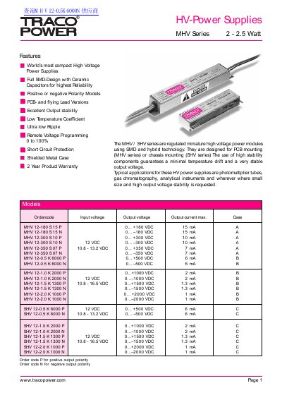 TracoPower MHV Series High Voltage Power Supply Datasheet - cover page