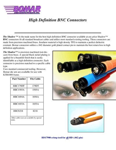 BOMAR BD17900 crimp tool for all HD (.042 pin) Data Sheet  - cover page