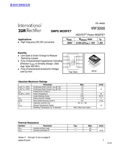 International Rectifier IRF3000 HEXFET Power MOSFET Datasheet - cover page