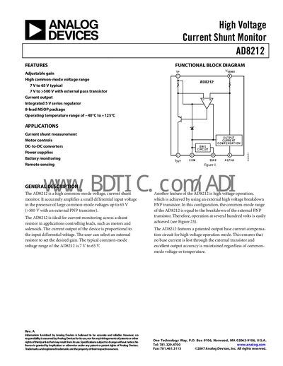Analog Devices AD8212 High Voltage Current Shunt Monitor Datasheet - cover page