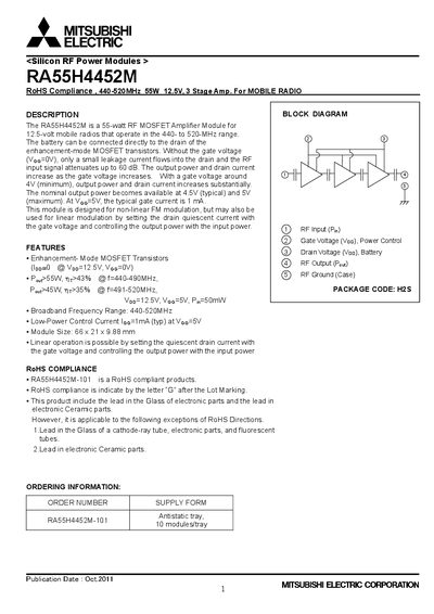Mitsubishi Electric RA55H4452M RF Power Module Datasheet - cover page