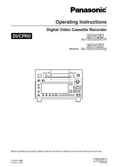 Panasonic AJ-SD255 Digital Video Cassette Recorder Operating Instructions - cover page