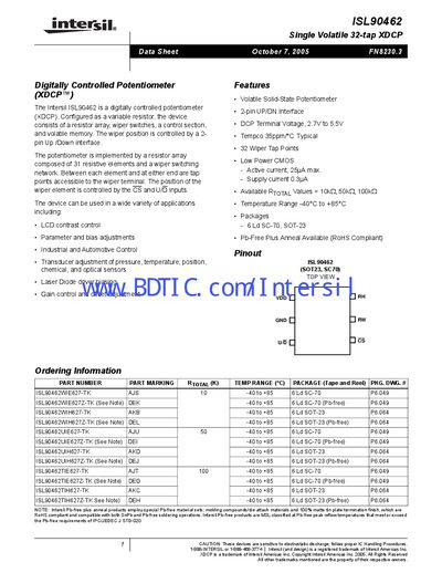 Intersil ISL90462 Digitally Controlled Potentiometer Data Sheet - cover page