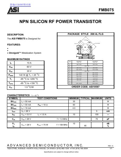 ASI FMB075 NPN Silicon RF Power Transistor Datasheet - cover page