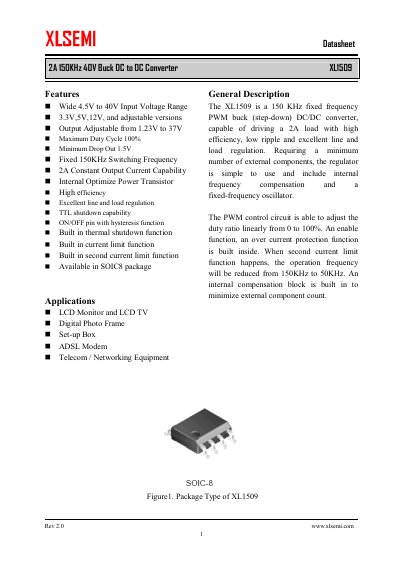 XLSEMI XL1509 2A 150KHz Buck DC to DC Converter Datasheet - cover page