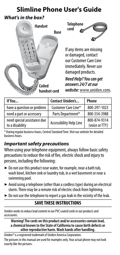 Uniden Slimline Phone User Manual - cover page