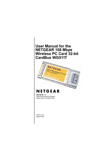 NETGEAR WG511T Wireless PC Card User Manual - cover page
