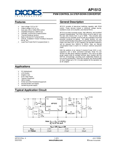 Diodes AP1513 PWM Control 2A Step-Down Converter Datasheet - cover page