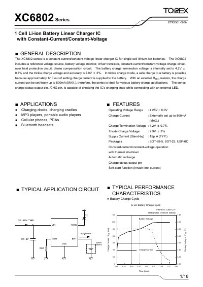 Torex XC6802 Series 1‑Cell Li‑ion Battery Linear Charger IC Datasheet - cover page