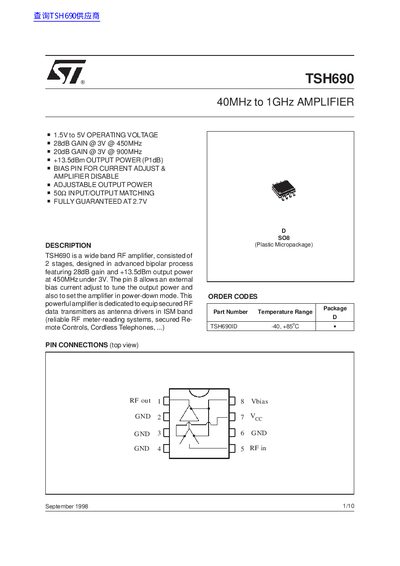 STMicroelectronics TSH690 RF Amplifier Datasheet - cover page
