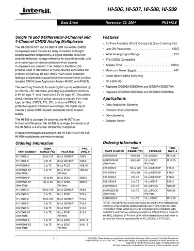 Intersil HI-506/HI-507/HI-508/HI-509 Analog Multiplexer Datasheet - cover page