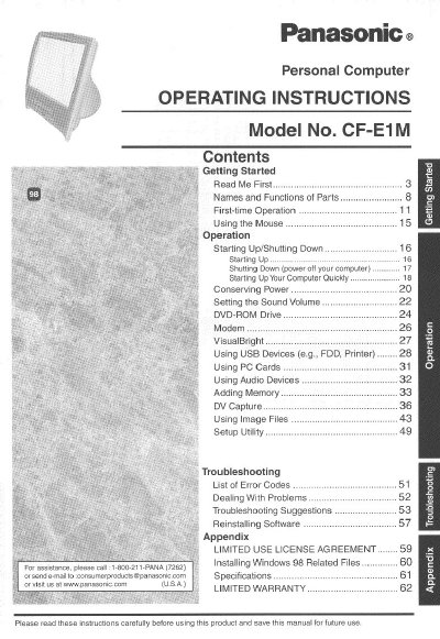 Panasonic CF-E1M Personal Computer Operating Instructions - cover page